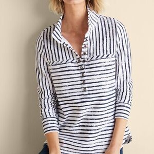 Soft Surroundings Blue and White 3/4 Sleeve Polo Button Down‎ Shirt